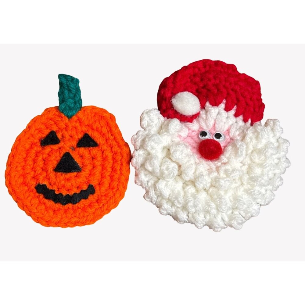 VTG Handmade Crochet Pumpkin & Santa Pins 4" Halloween Christmas
